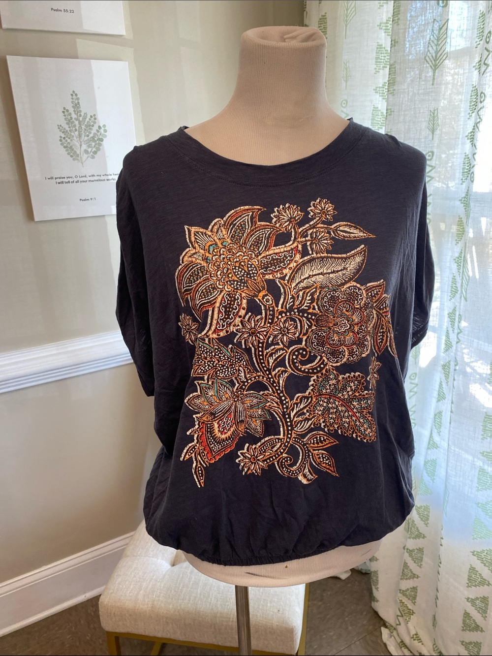 Democracy Blue Short Sleeve with Multicolor Floral Embroidery